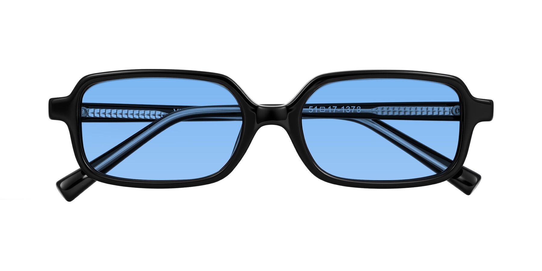 Folded Front of Garbott in Black with Medium Blue Tinted Lenses