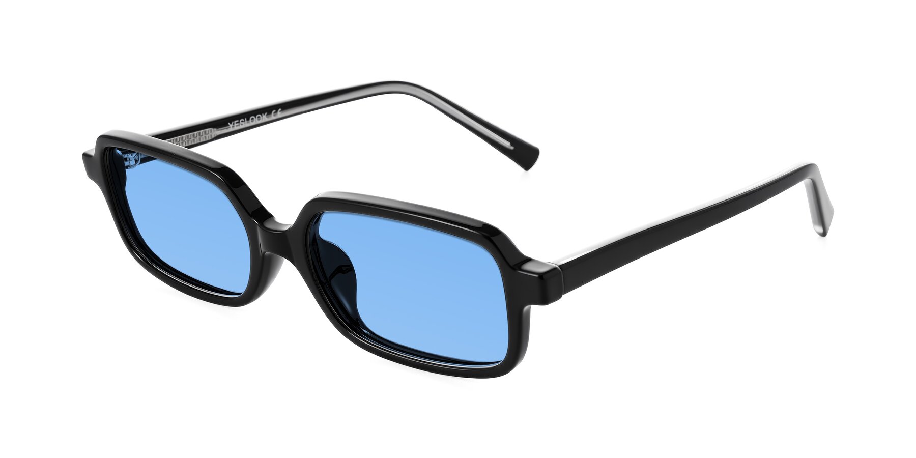 Angle of Garbott in Black with Medium Blue Tinted Lenses