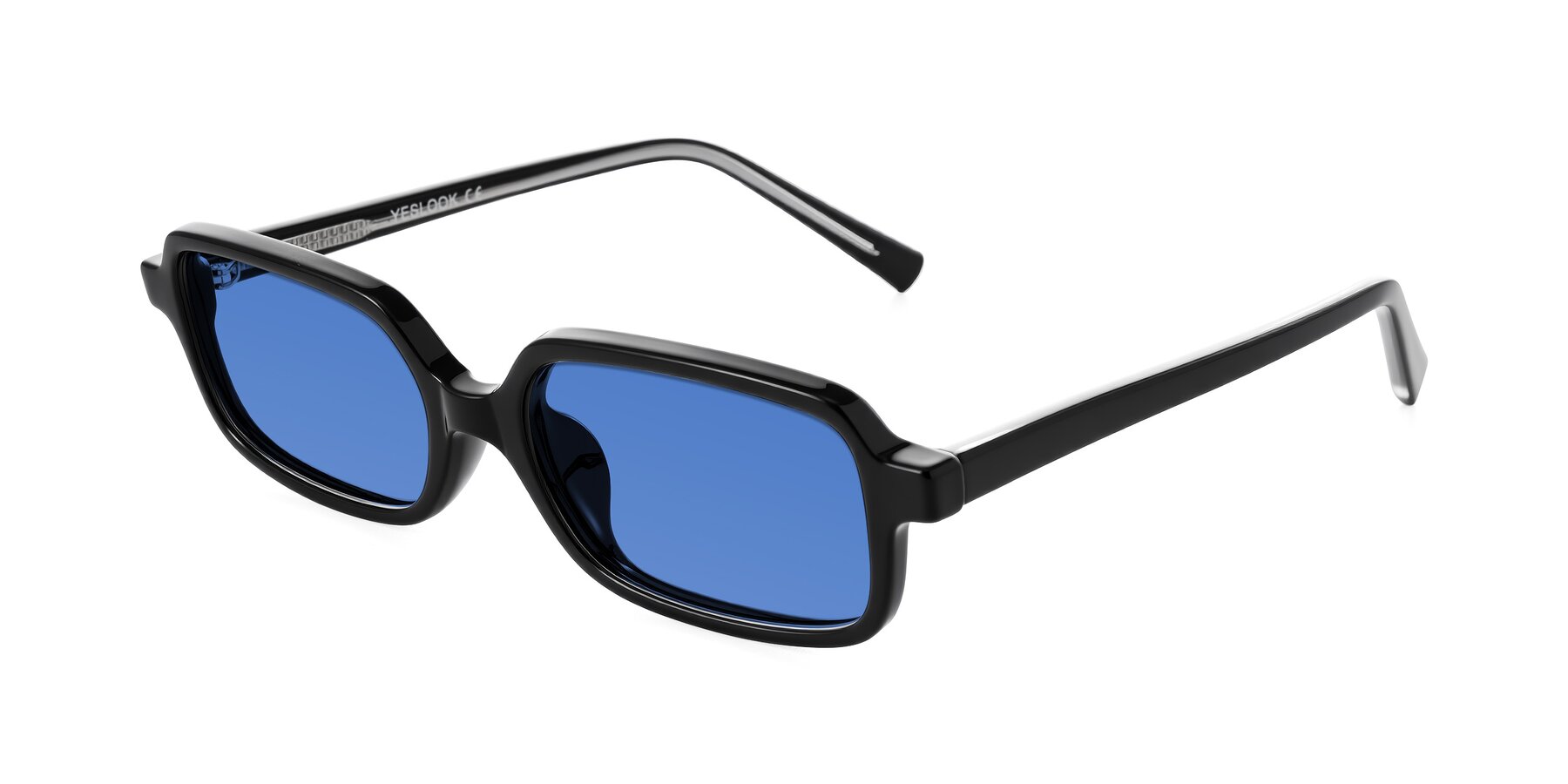 Angle of Garbott in Black with Blue Tinted Lenses
