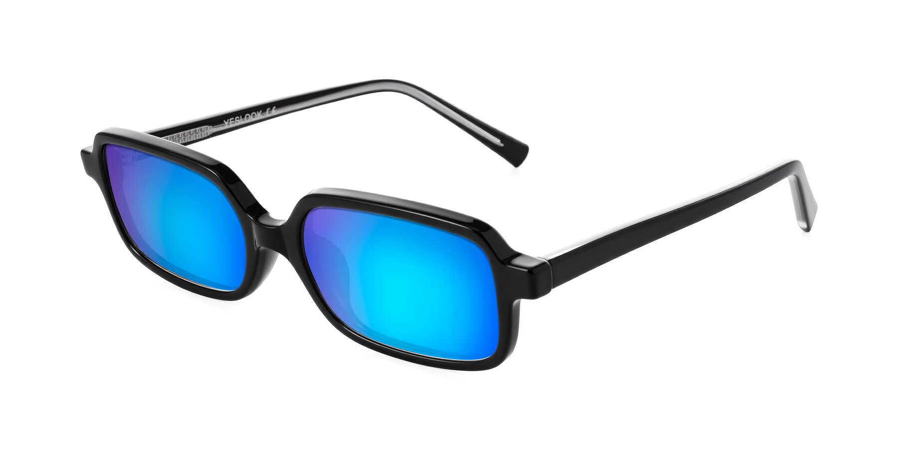 Angle of Garbott in Black with Blue Mirrored Lenses