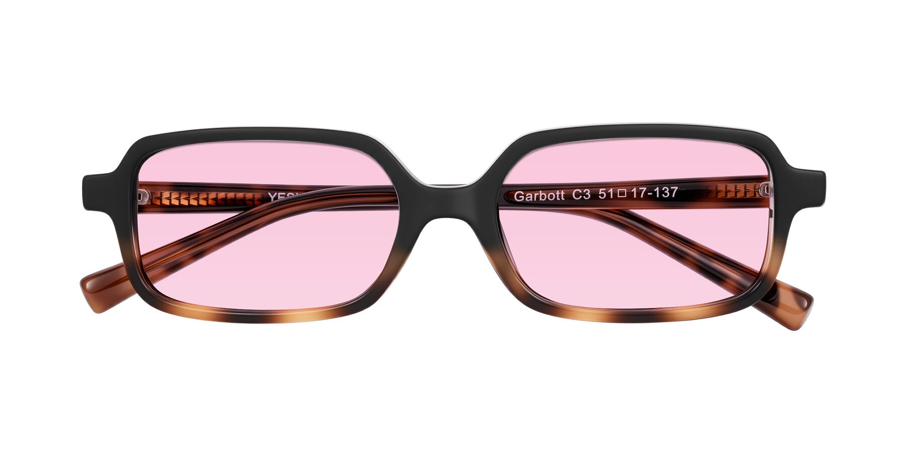 Folded Front of Garbott in Black/Tortoise with Light Pink Tinted Lenses