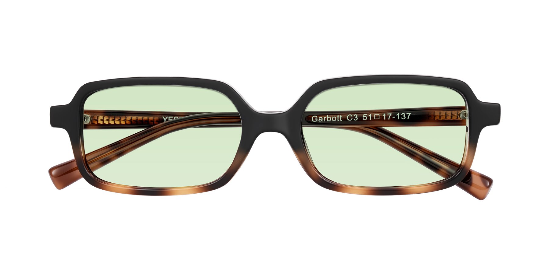 Folded Front of Garbott in Black/Tortoise with Light Green Tinted Lenses