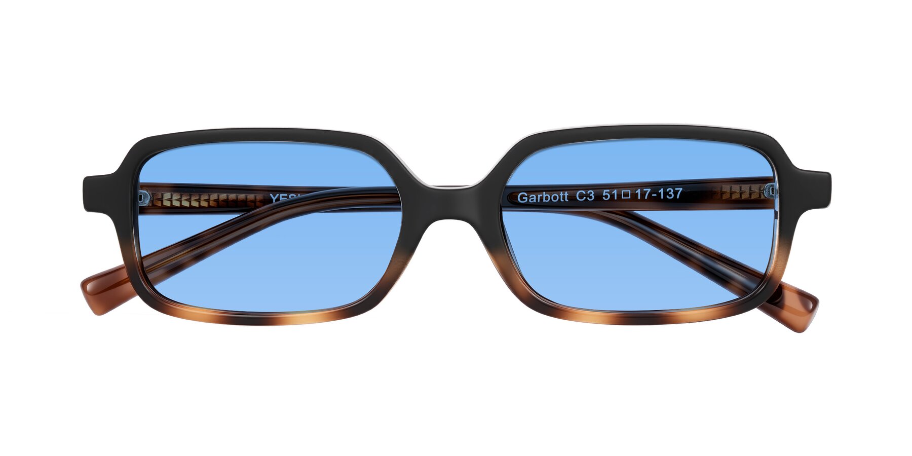 Folded Front of Garbott in Black/Tortoise with Medium Blue Tinted Lenses