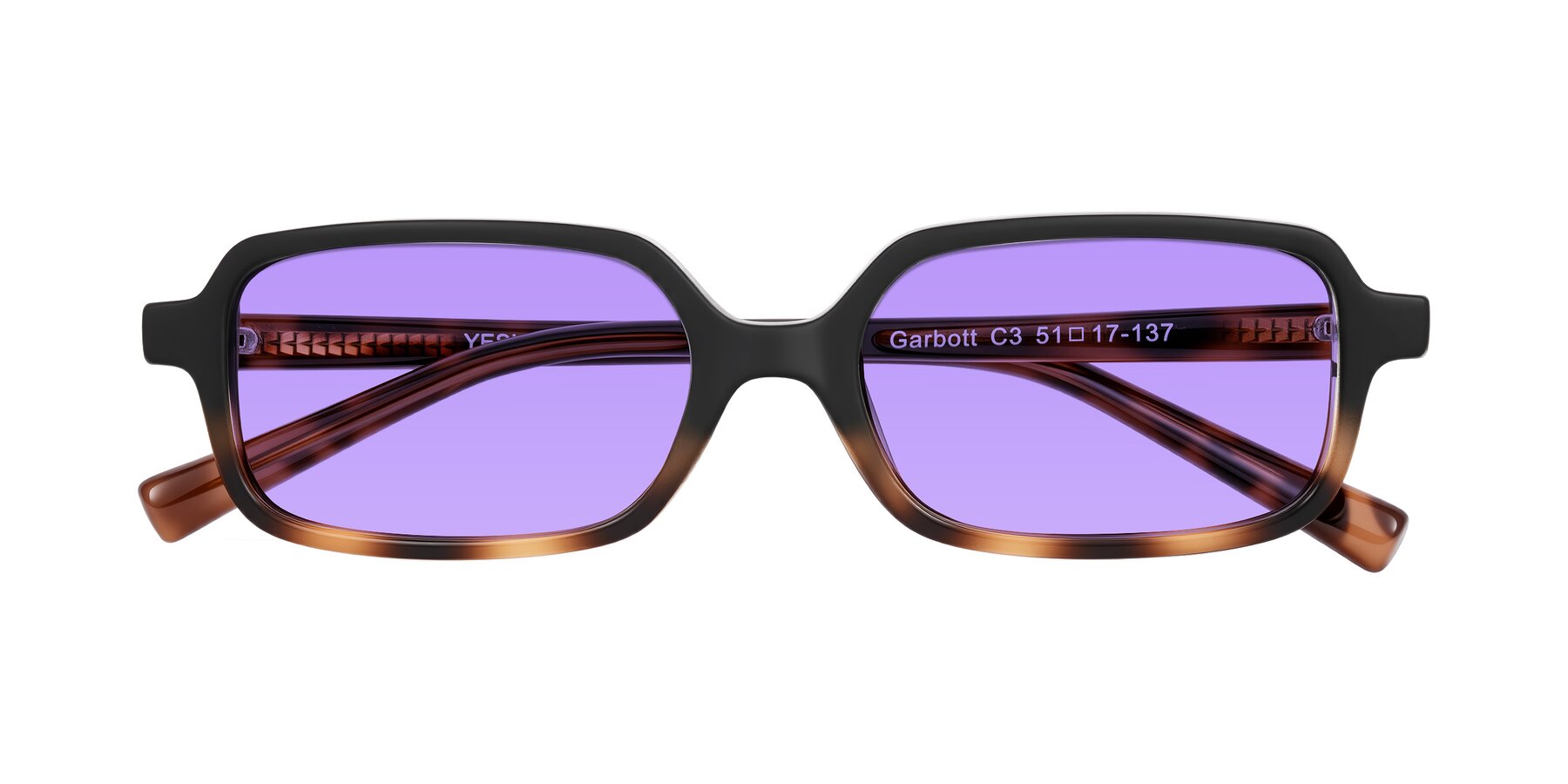 Folded Front of Garbott in Black/Tortoise with Medium Purple Tinted Lenses