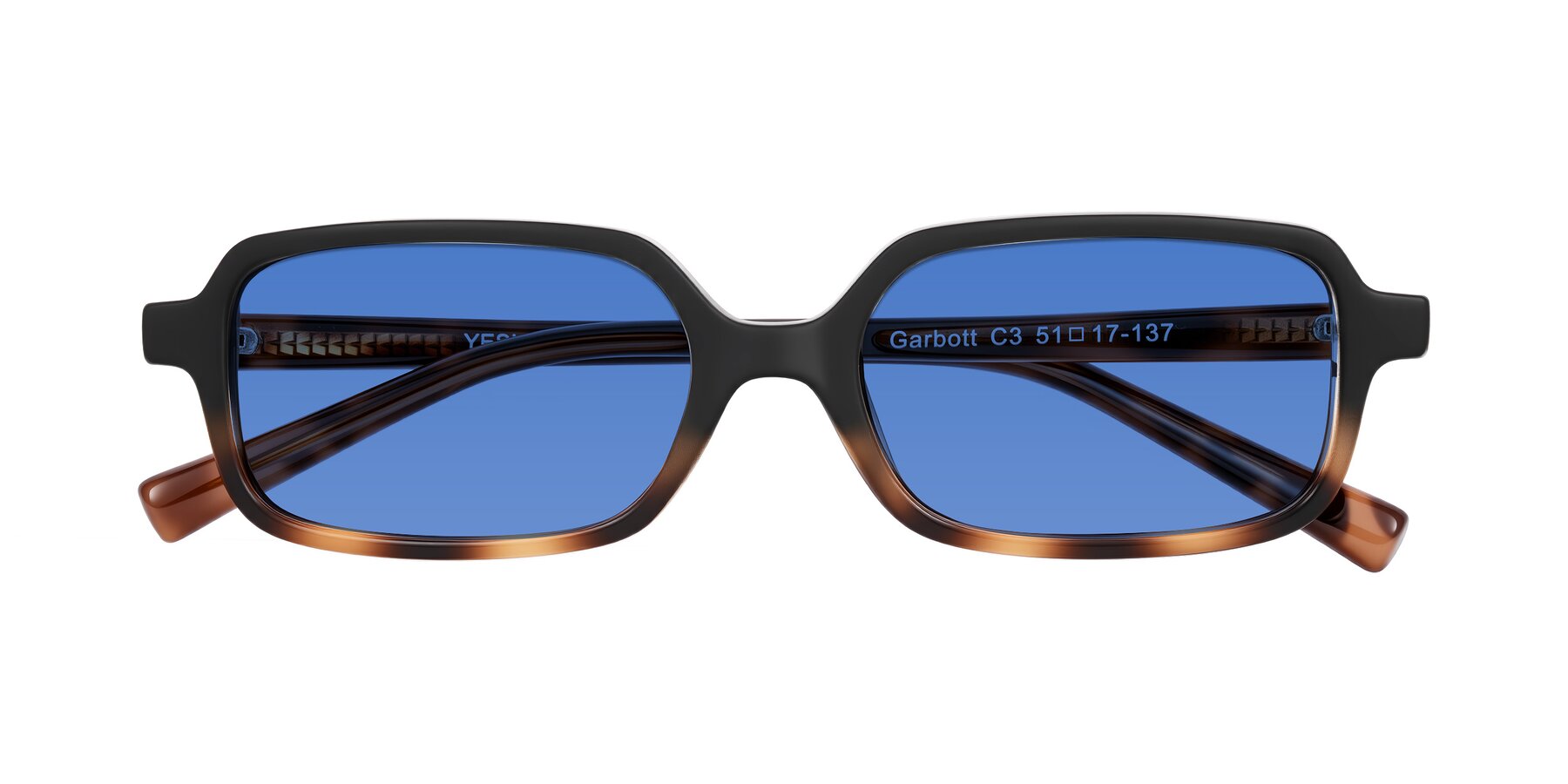 Folded Front of Garbott in Black/Tortoise with Blue Tinted Lenses