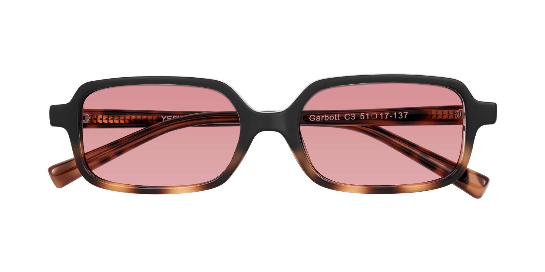 Folded Front of Garbott in Black/Tortoise with Medium Garnet Tinted Lenses