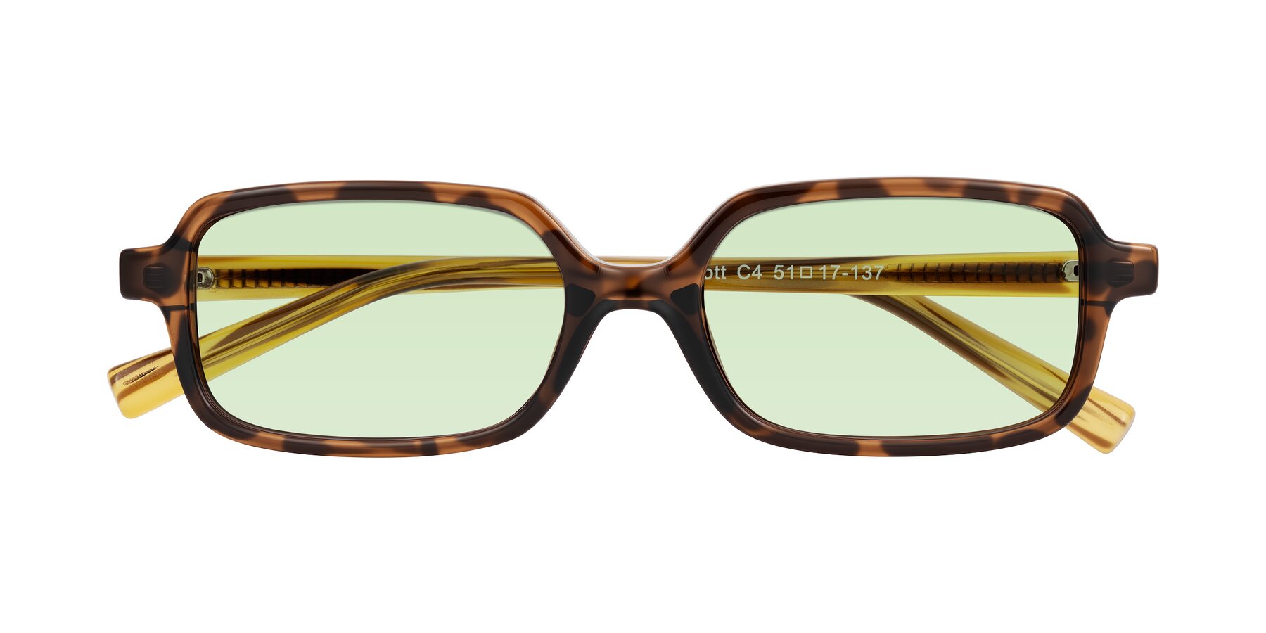 Folded Front of Garbott in Tortoise/Amber with Light Green Tinted Lenses