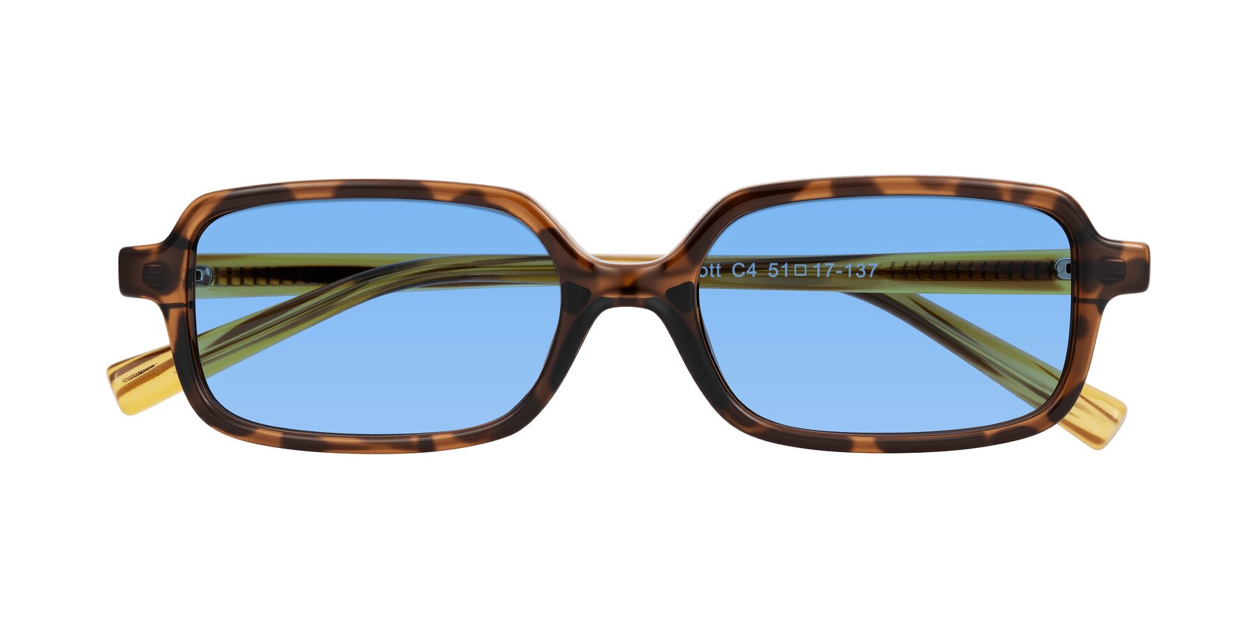 Folded Front of Garbott in Tortoise/Amber with Medium Blue Tinted Lenses