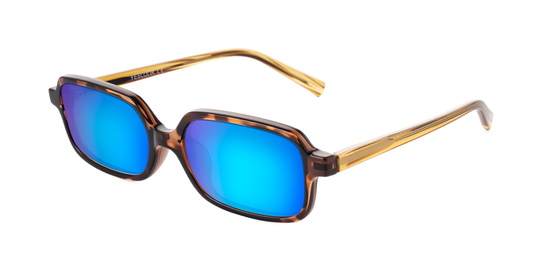 Angle of Garbott in Tortoise/Amber with Blue Mirrored Lenses