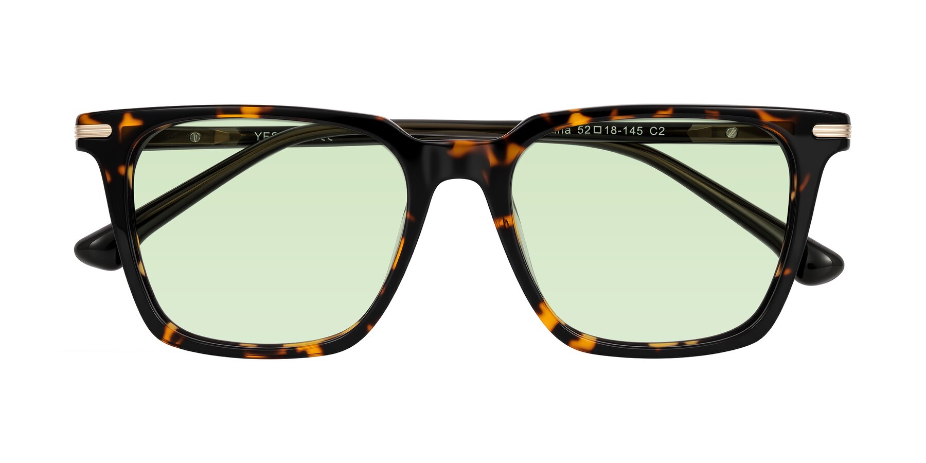 Folded Front of Miyaha in Tortoise with Light Green Tinted Lenses
