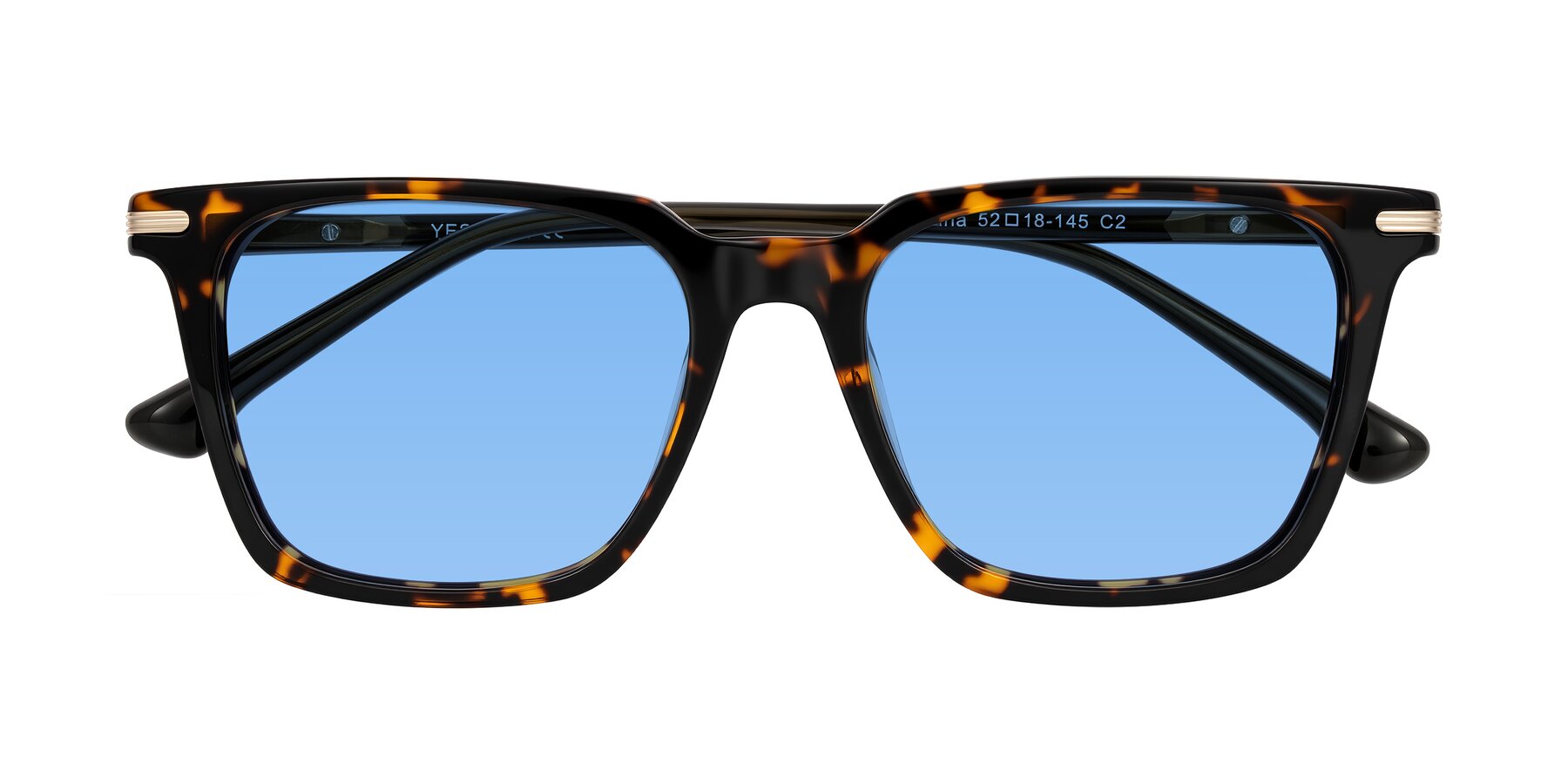 Folded Front of Miyaha in Tortoise with Medium Blue Tinted Lenses