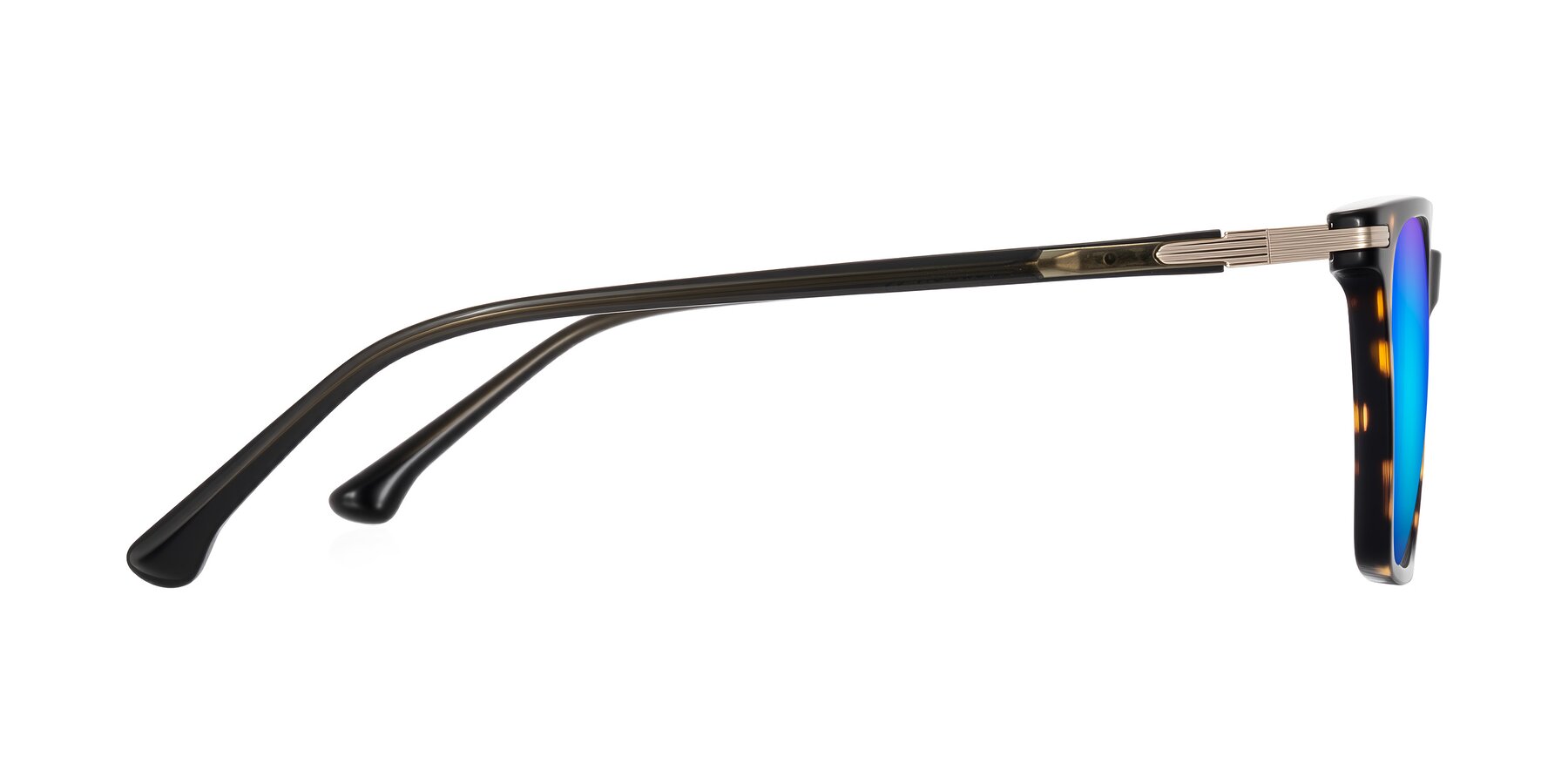 Side of Miyaha in Tortoise with Blue Mirrored Lenses