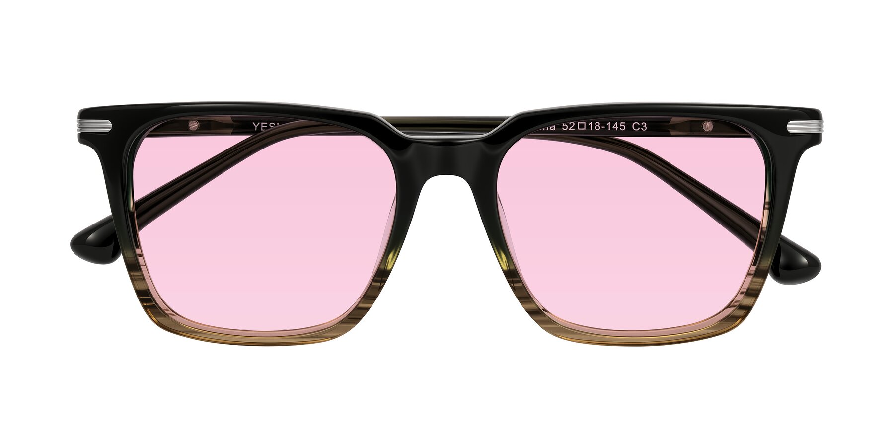 Folded Front of Miyaha in Dark Green Brown Striped with Light Pink Tinted Lenses