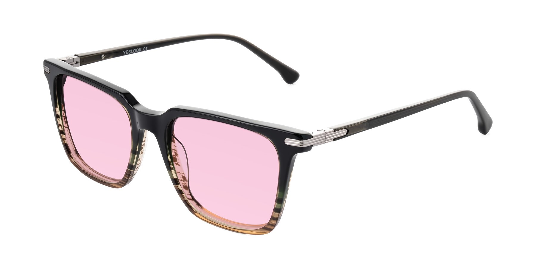 Angle of Miyaha in Dark Green Brown Striped with Light Pink Tinted Lenses