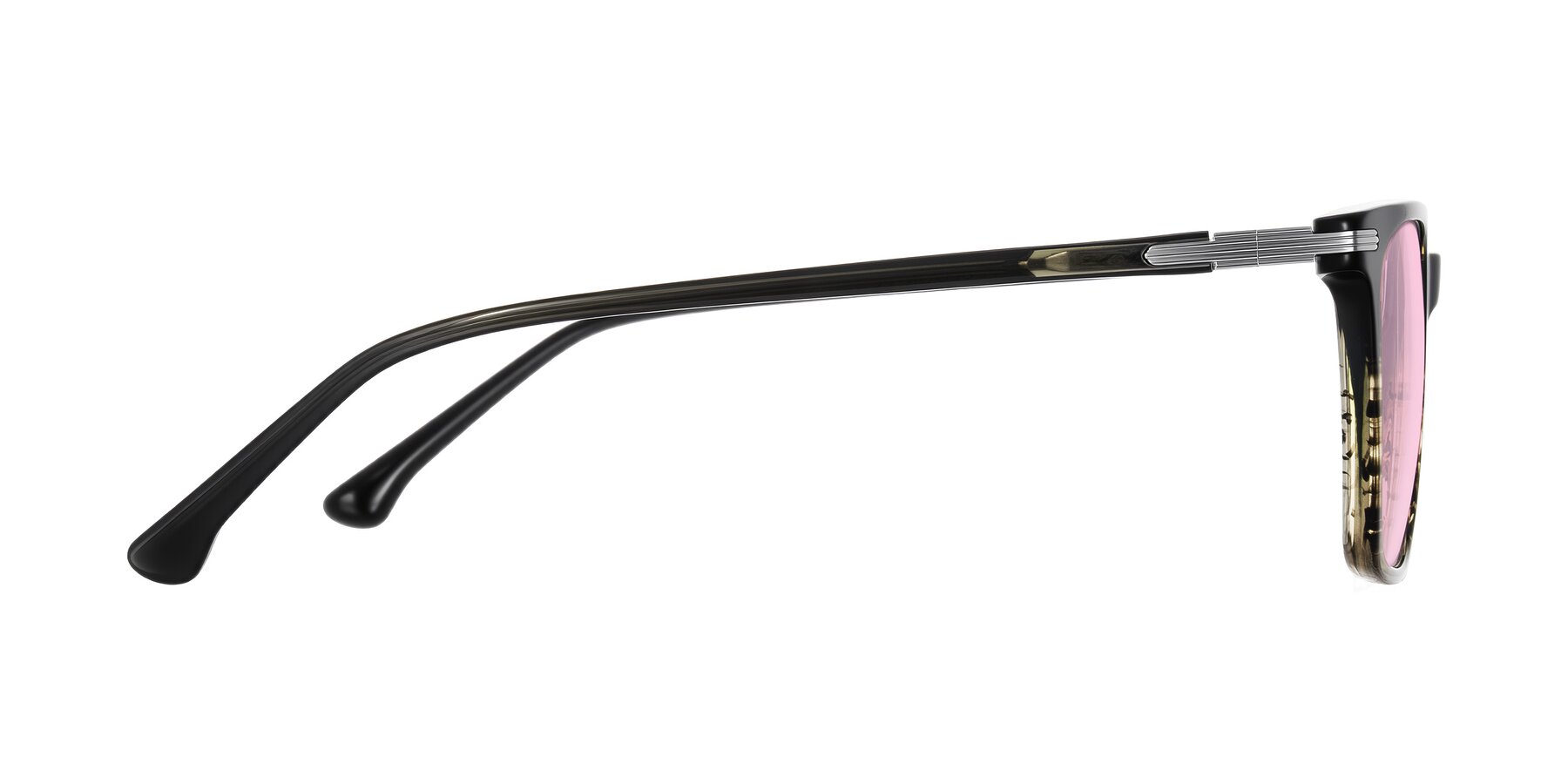 Side of Miyaha in Dark Green Brown Striped with Light Pink Tinted Lenses