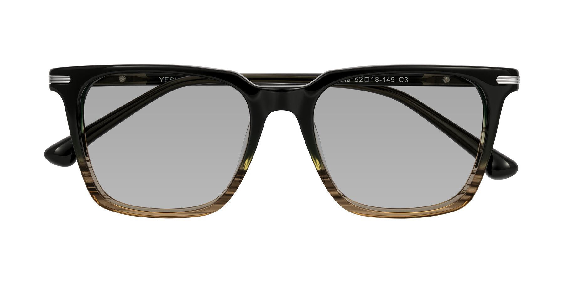 Folded Front of Miyaha in Dark Green Brown Striped with Light Gray Tinted Lenses