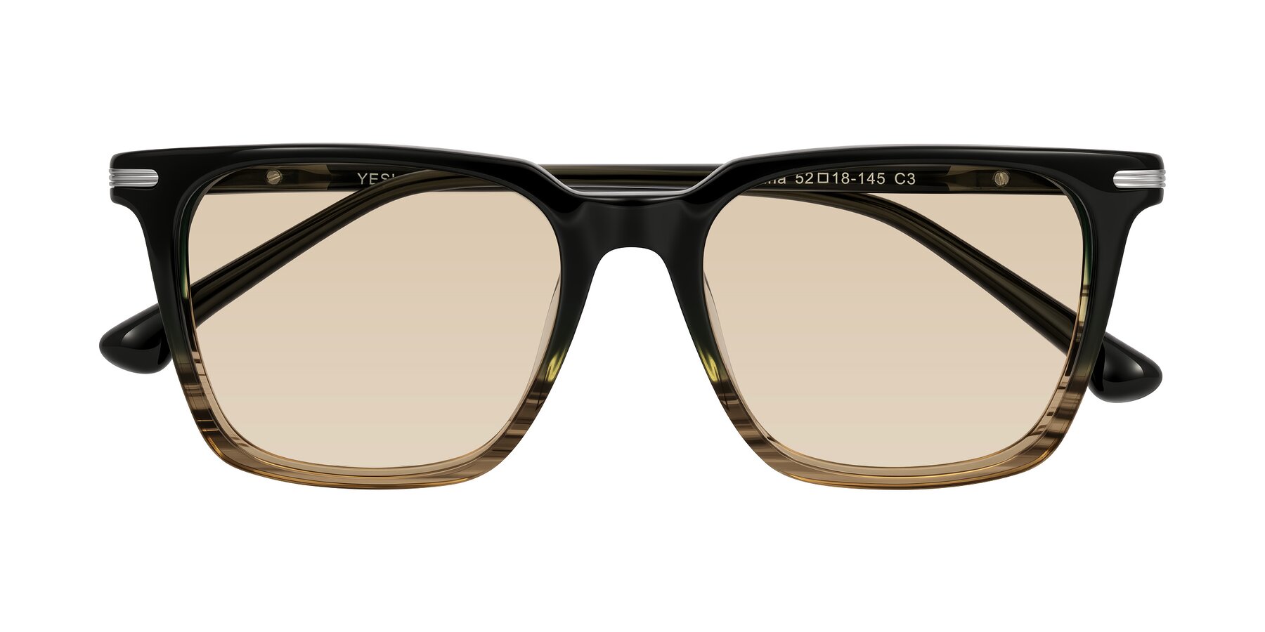 Folded Front of Miyaha in Dark Green Brown Striped with Light Brown Tinted Lenses