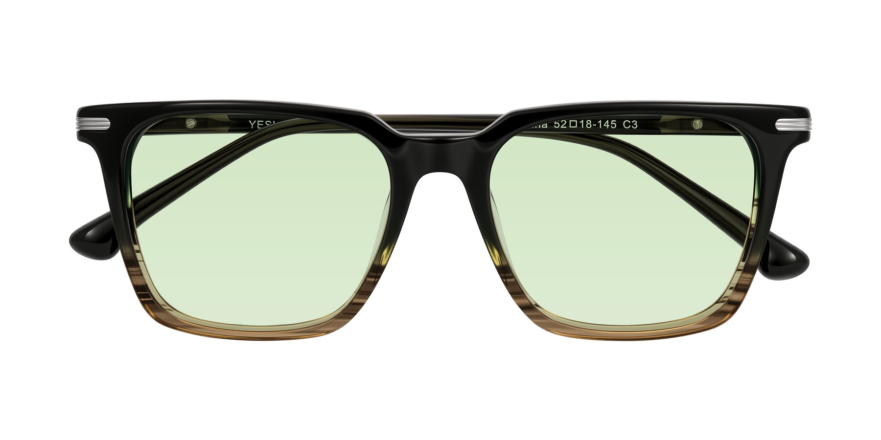 Folded Front of Miyaha in Dark Green Brown Striped with Light Green Tinted Lenses
