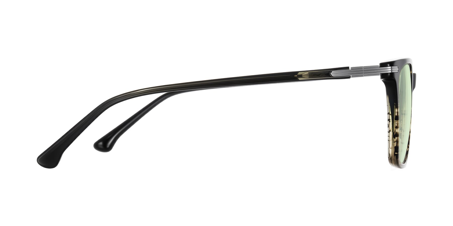 Side of Miyaha in Dark Green Brown Striped with Light Green Tinted Lenses
