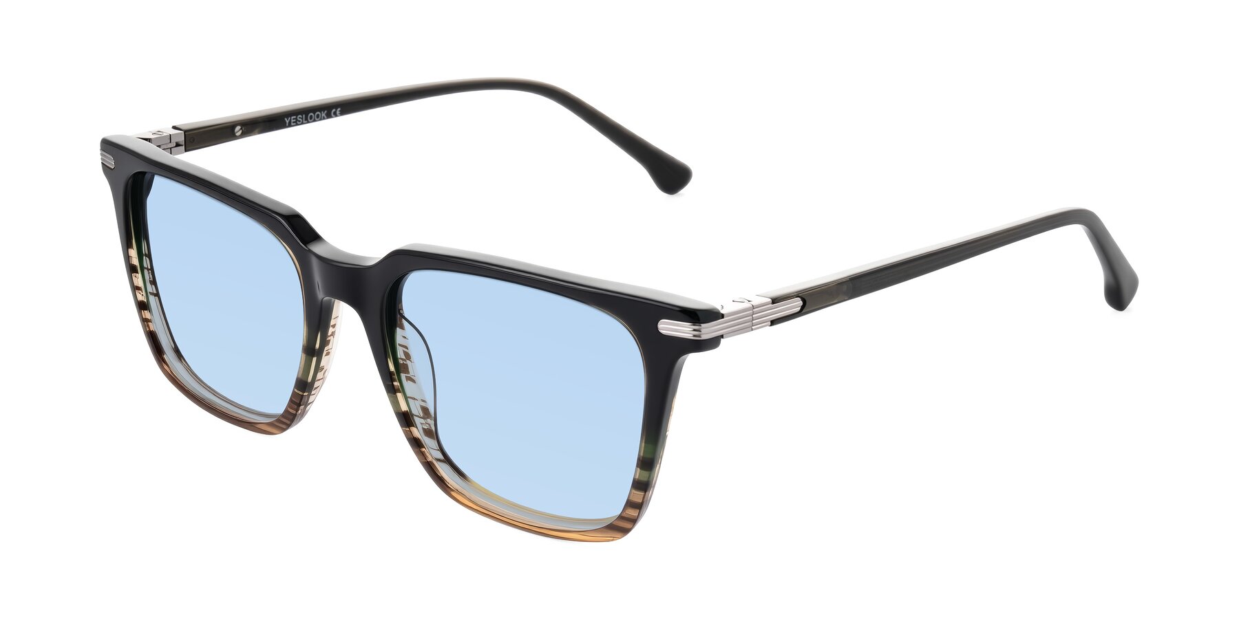 Angle of Miyaha in Dark Green Brown Striped with Light Blue Tinted Lenses
