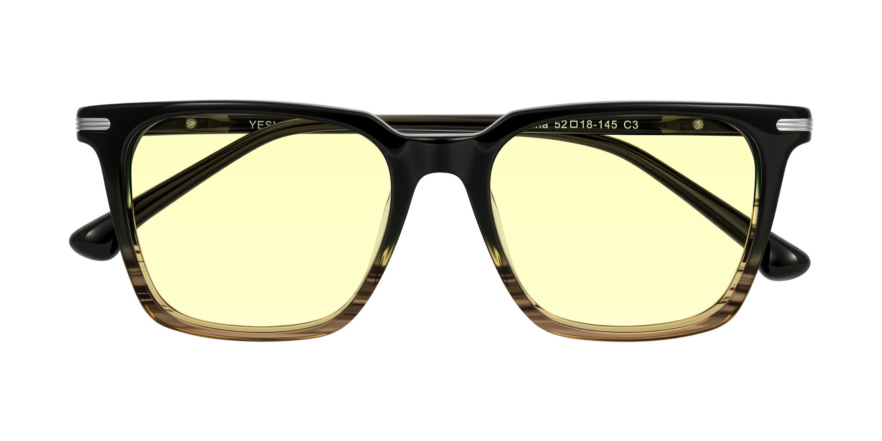 Folded Front of Miyaha in Dark Green Brown Striped with Light Yellow Tinted Lenses