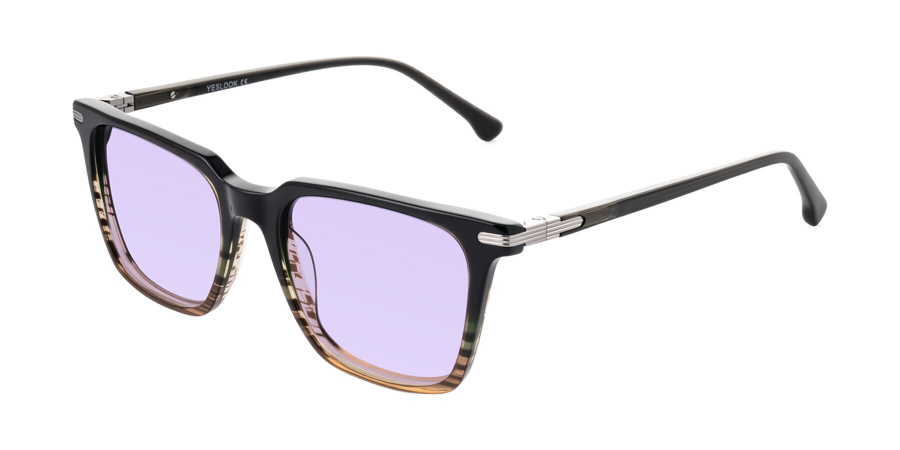 Angle of Miyaha in Dark Green Brown Striped with Light Purple Tinted Lenses