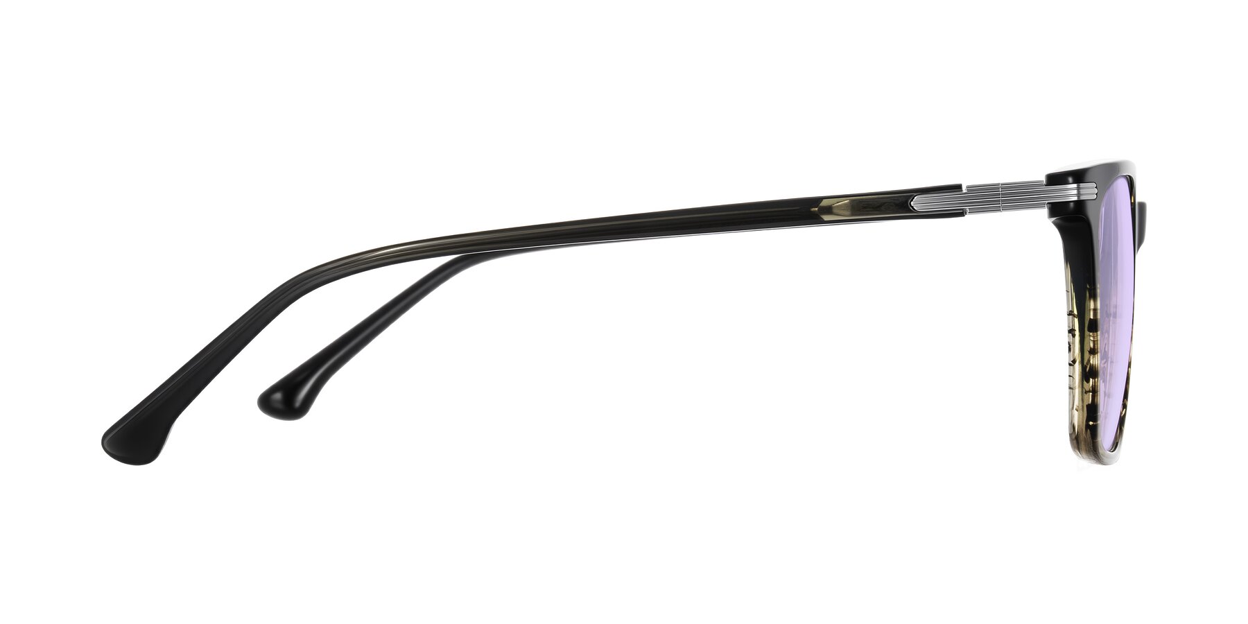 Side of Miyaha in Dark Green Brown Striped with Light Purple Tinted Lenses
