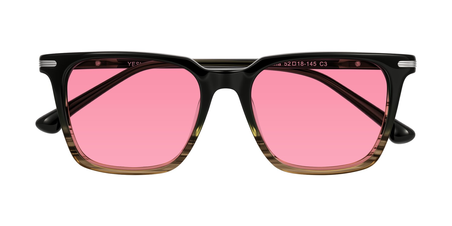 Folded Front of Miyaha in Dark Green Brown Striped with Pink Tinted Lenses