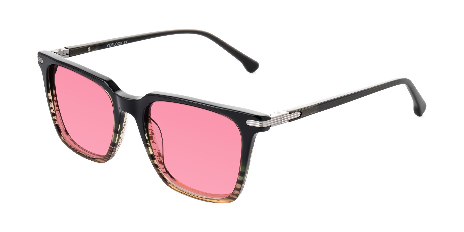 Angle of Miyaha in Dark Green Brown Striped with Pink Tinted Lenses