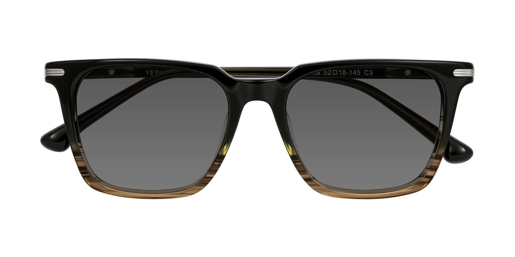 Folded Front of Miyaha in Dark Green Brown Striped with Medium Gray Tinted Lenses