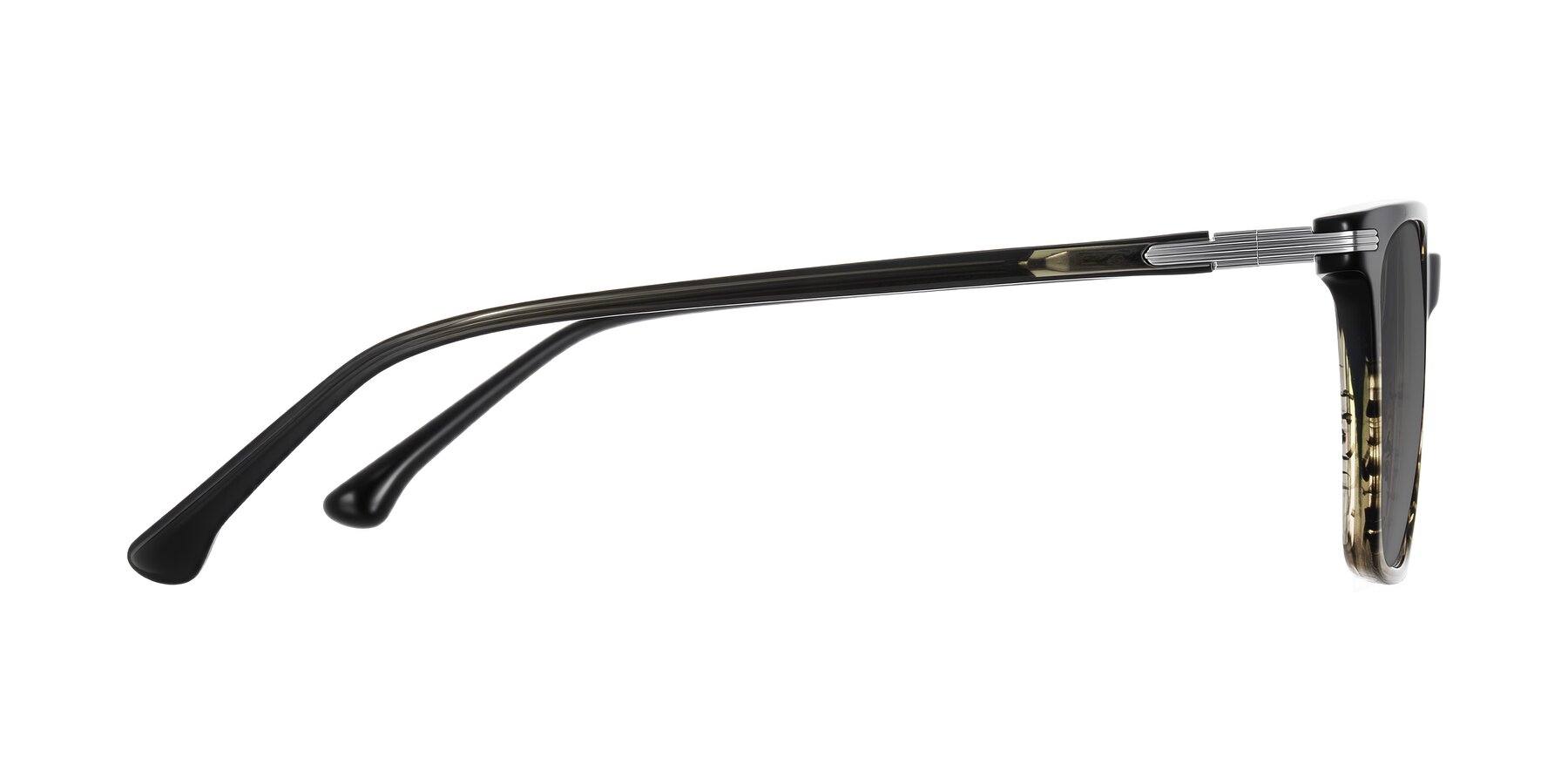 Side of Miyaha in Dark Green Brown Striped with Medium Gray Tinted Lenses