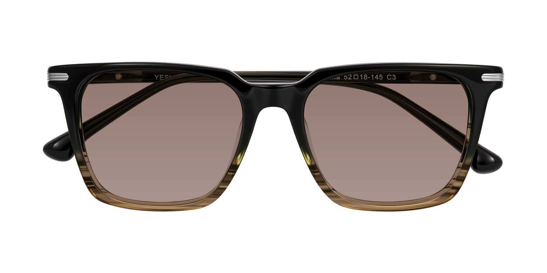 Folded Front of Miyaha in Dark Green Brown Striped with Medium Brown Tinted Lenses