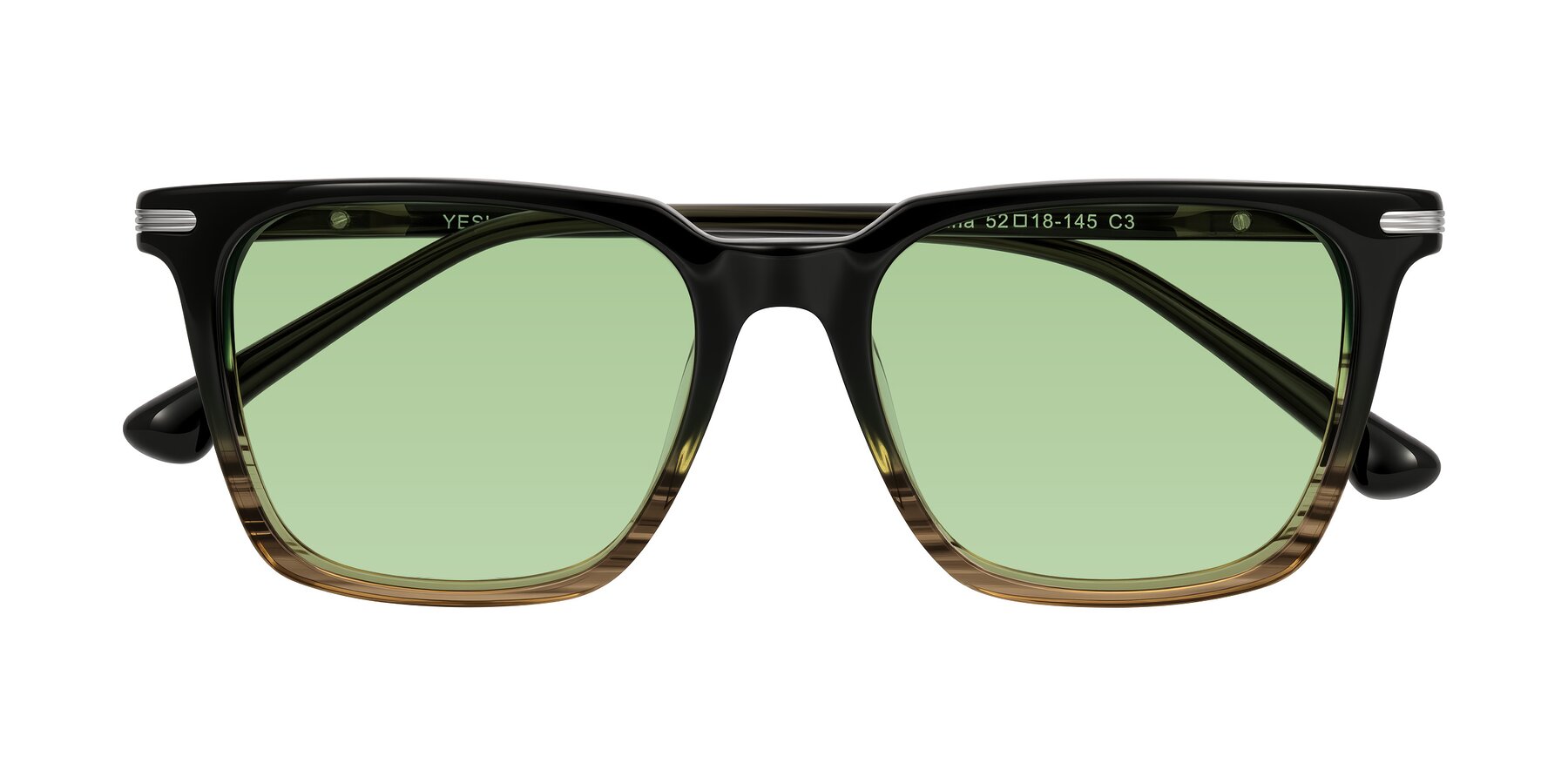 Folded Front of Miyaha in Dark Green Brown Striped with Medium Green Tinted Lenses