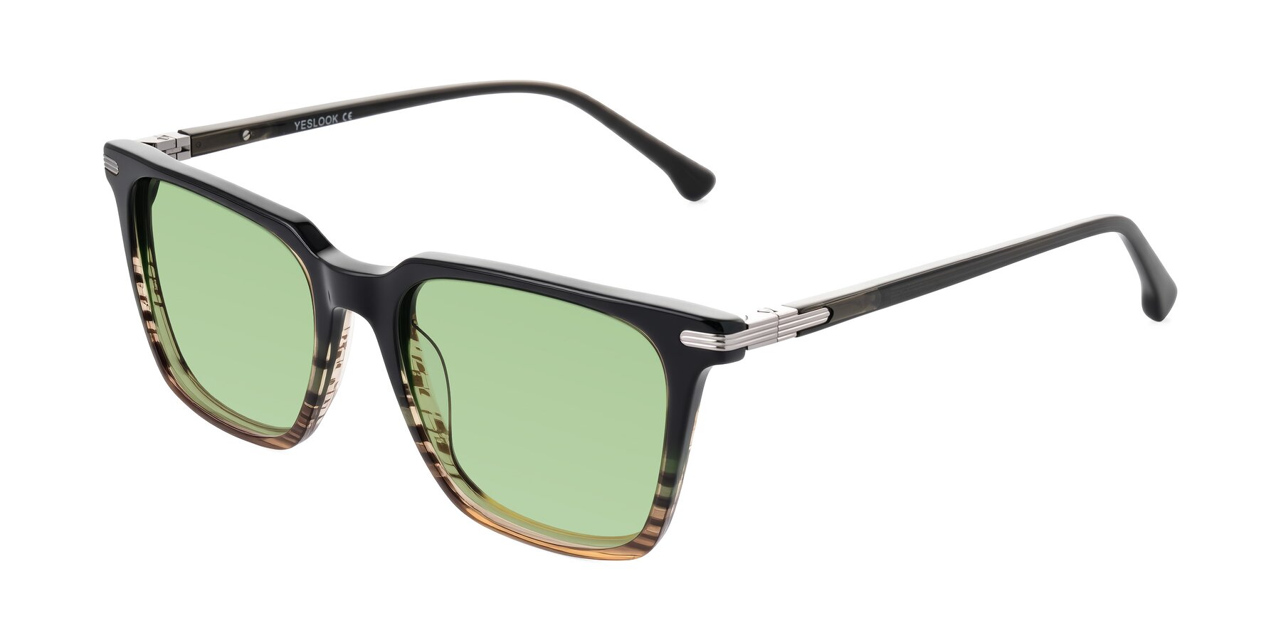Angle of Miyaha in Dark Green Brown Striped with Medium Green Tinted Lenses