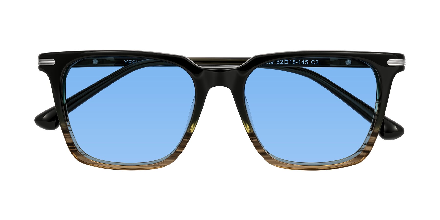Folded Front of Miyaha in Dark Green Brown Striped with Medium Blue Tinted Lenses