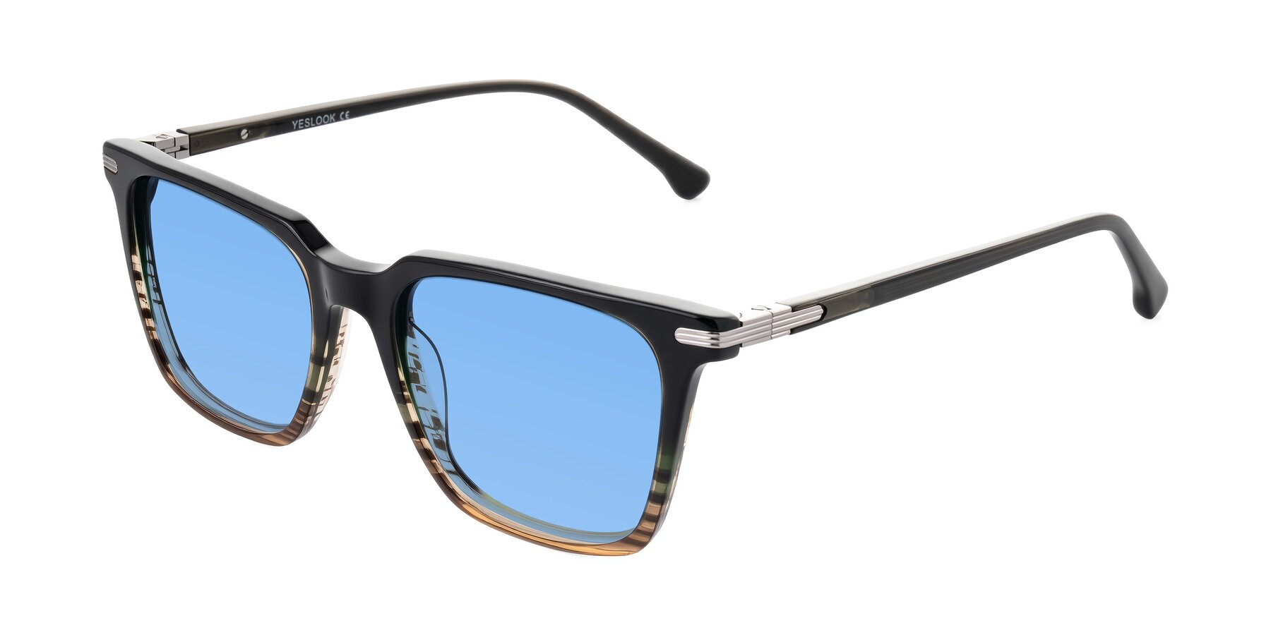 Angle of Miyaha in Dark Green Brown Striped with Medium Blue Tinted Lenses