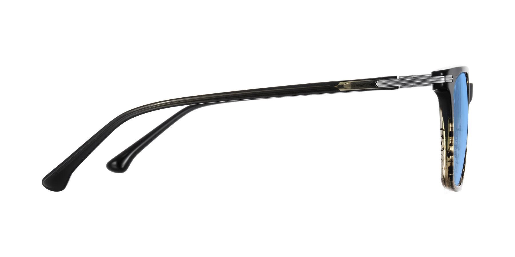 Side of Miyaha in Dark Green Brown Striped with Medium Blue Tinted Lenses