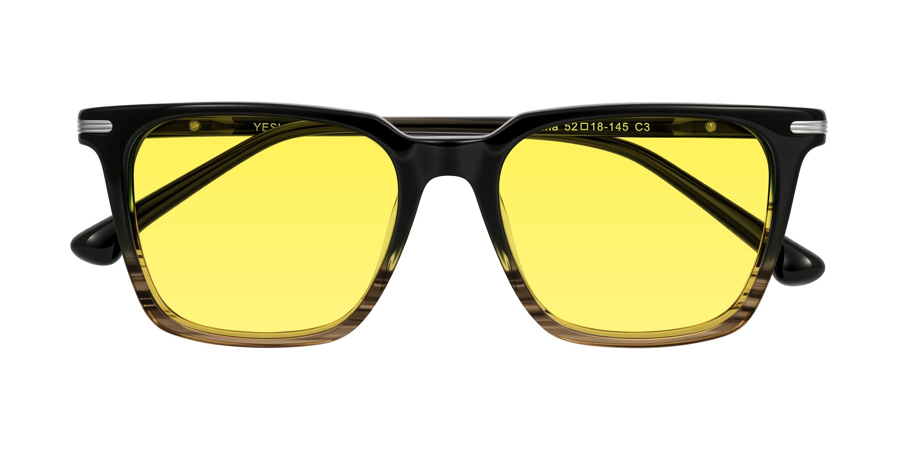 Folded Front of Miyaha in Dark Green Brown Striped with Medium Yellow Tinted Lenses