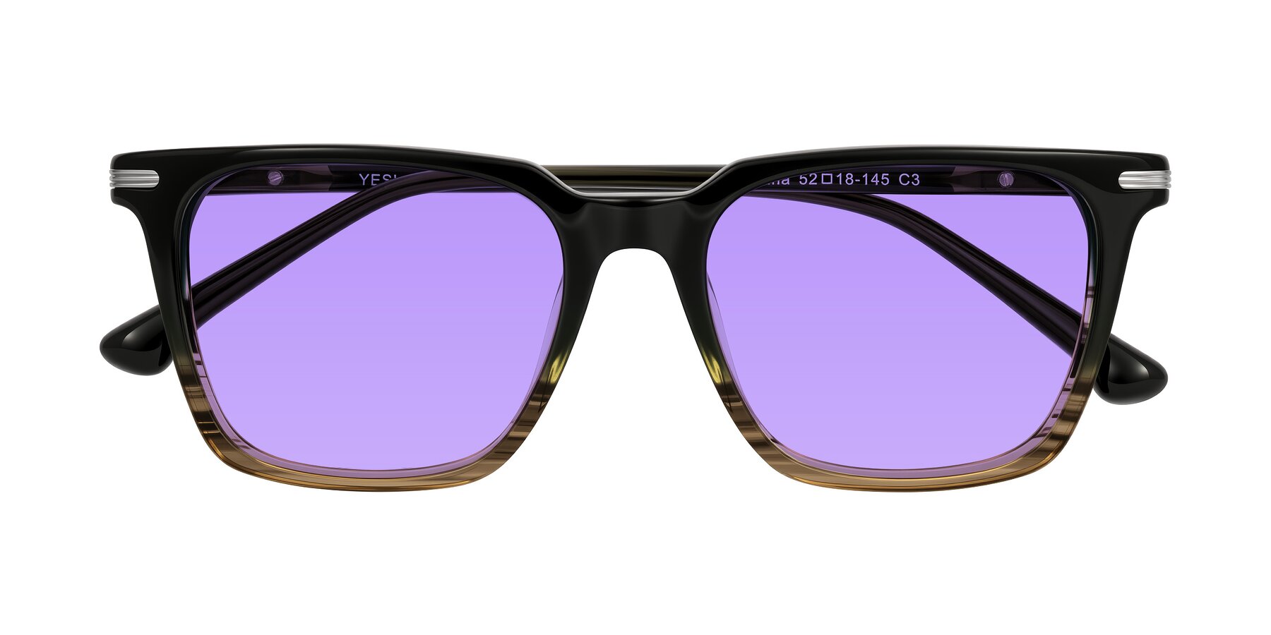 Folded Front of Miyaha in Dark Green Brown Striped with Medium Purple Tinted Lenses