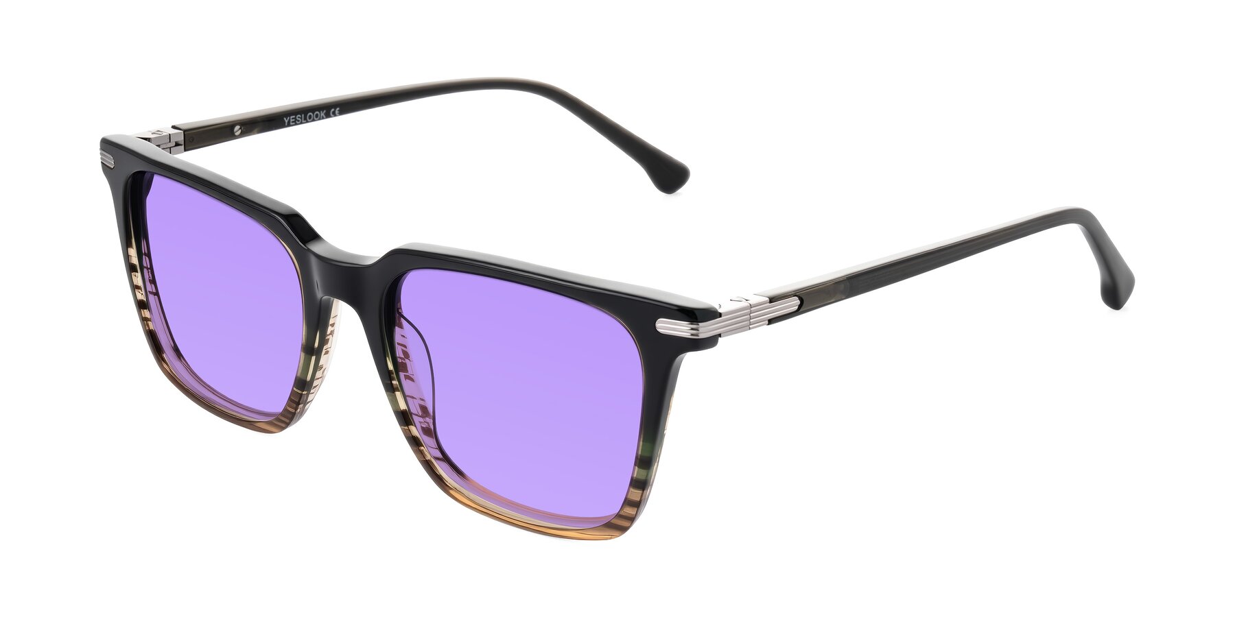 Angle of Miyaha in Dark Green Brown Striped with Medium Purple Tinted Lenses