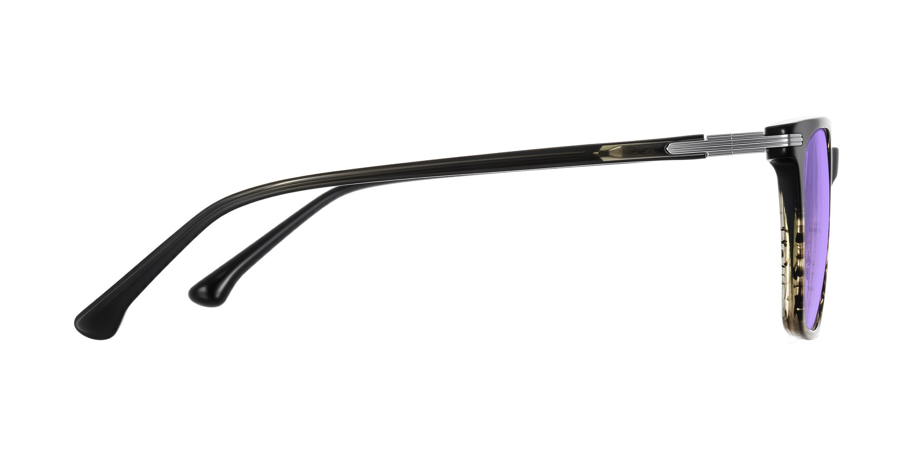 Side of Miyaha in Dark Green Brown Striped with Medium Purple Tinted Lenses
