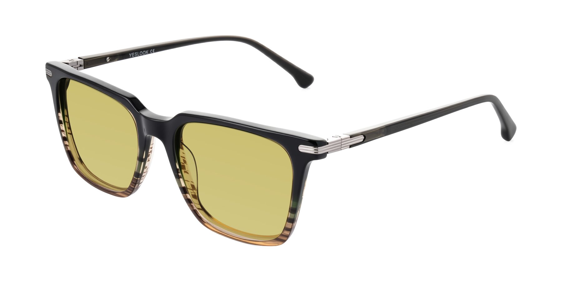 Angle of Miyaha in Dark Green Brown Striped with Medium Champagne Tinted Lenses