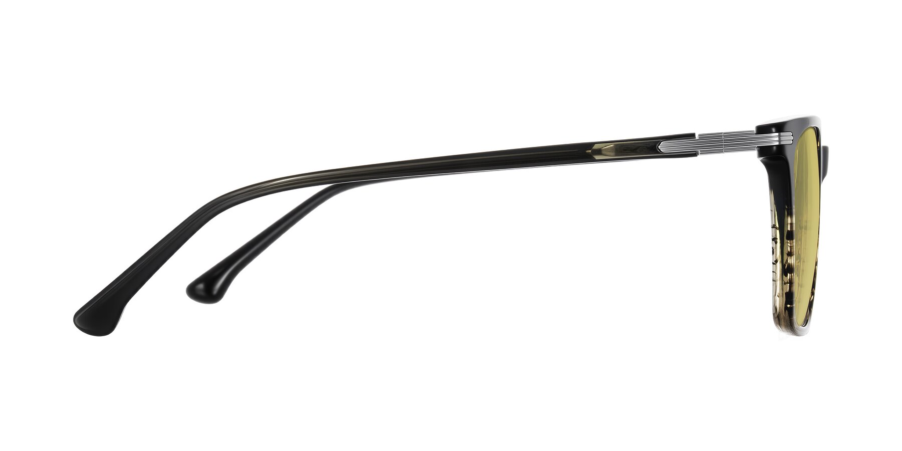 Side of Miyaha in Dark Green Brown Striped with Medium Champagne Tinted Lenses
