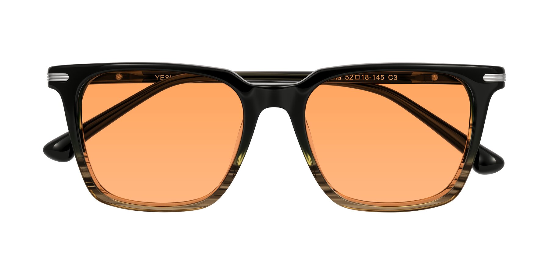 Folded Front of Miyaha in Dark Green Brown Striped with Medium Orange Tinted Lenses