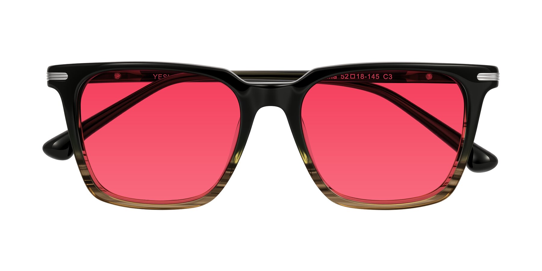 Folded Front of Miyaha in Dark Green Brown Striped with Red Tinted Lenses