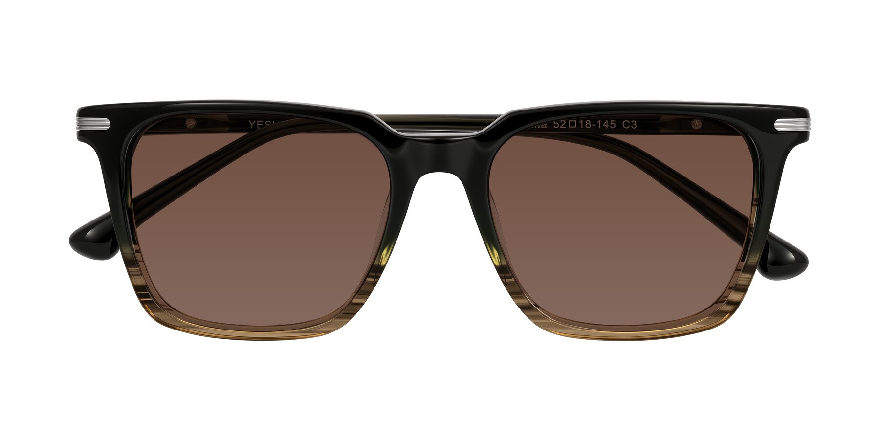 Folded Front of Miyaha in Dark Green Brown Striped with Brown Tinted Lenses