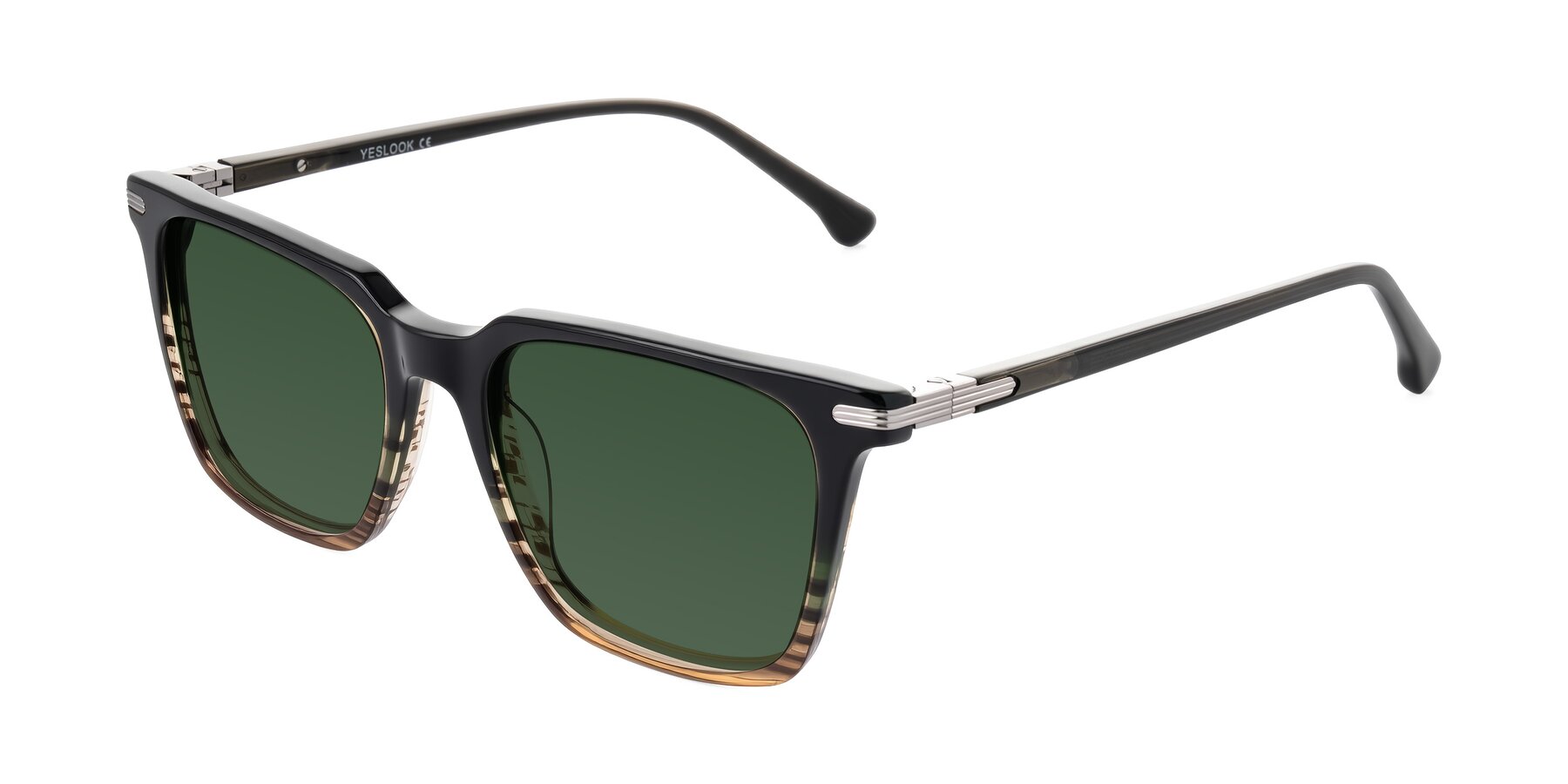 Angle of Miyaha in Dark Green Brown Striped with Green Tinted Lenses