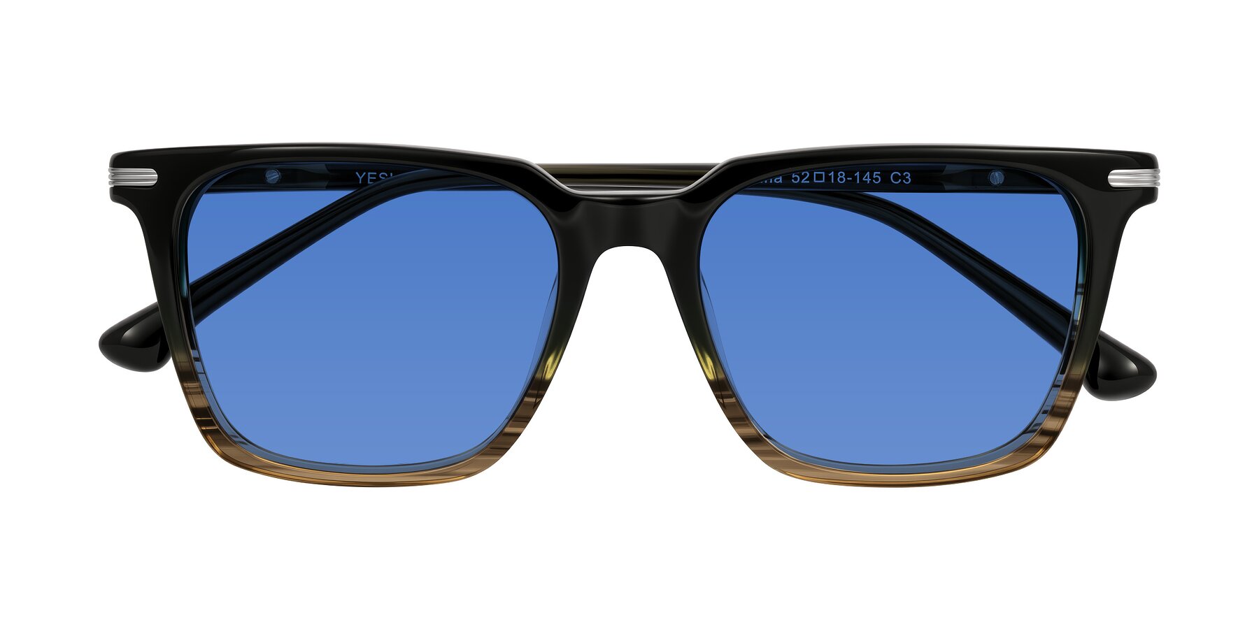 Folded Front of Miyaha in Dark Green Brown Striped with Blue Tinted Lenses