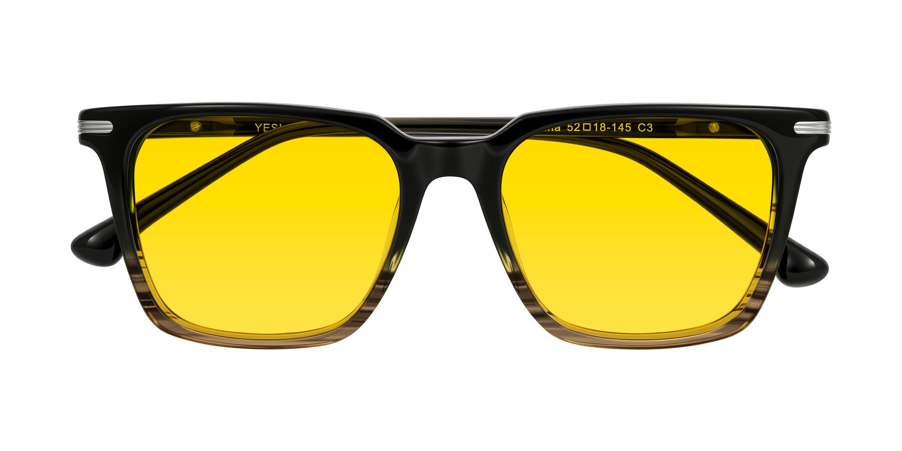 Folded Front of Miyaha in Dark Green Brown Striped with Yellow Tinted Lenses