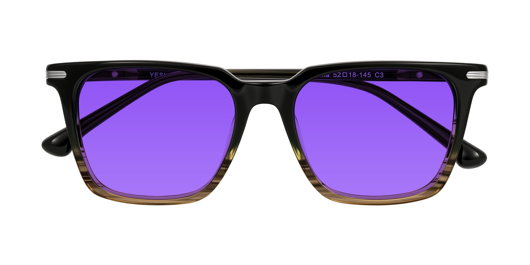 Folded Front of Miyaha in Dark Green Brown Striped with Purple Tinted Lenses